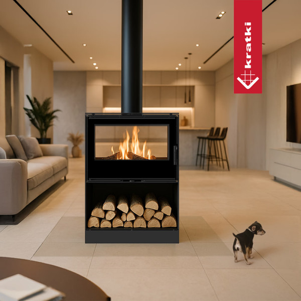 Стальная печь-камин Kratki KARI 80 тоннель со встроенной нишей для дров Ø 180 (12 кВт)